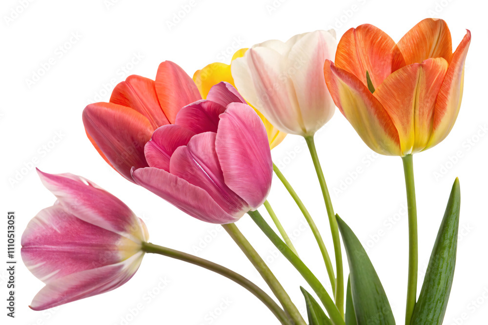 A tightly grouped set of tulips in pastel shades of pink, white, and orange, their overlapping petals showcasing texture and delicacy, isolated on a transparent background A tightly grouped set of tulips in pastel shades of pink, white, and orange, their overlapping petals showcasing texture and delicacy, isolated on a transparent background
