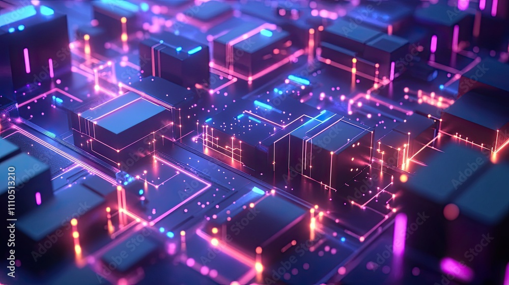 A digital rendering of a blockchain network with interconnected nodes in a 3D space. A digital rendering of a blockchain network with interconnected nodes in a 3D space.