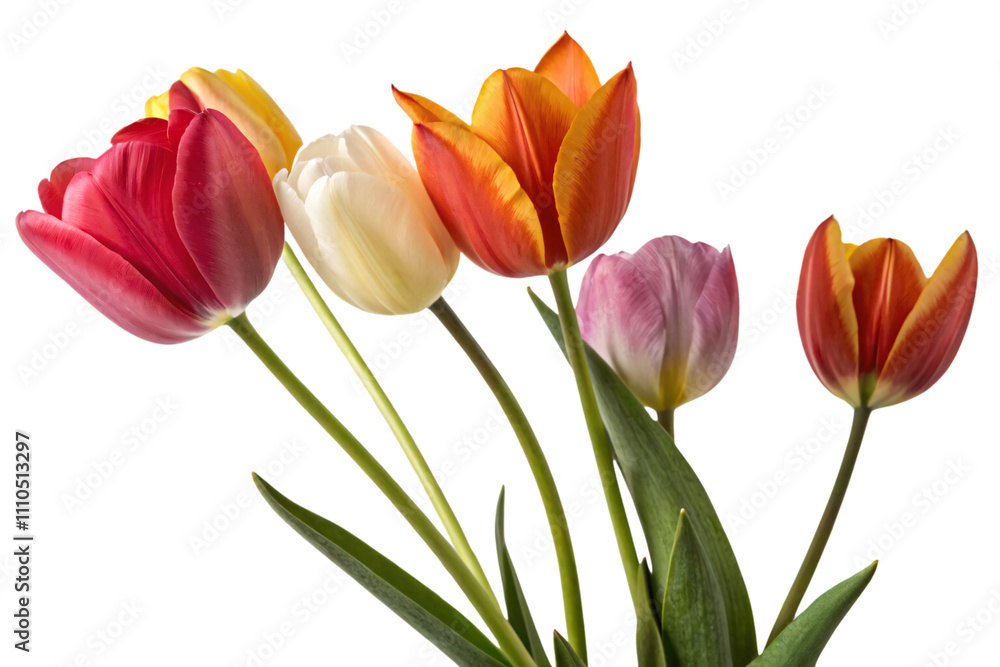 A vivid display of tulips in varying shades of red, orange, pink, and yellow, their smooth petals and green stems exuding vitality, isolated on a transparent background A vivid display of tulips in varying shades of red, orange, pink, and yellow, their smooth petals and green stems exuding vitality, isolated on a transparent background