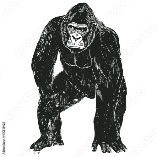 Gorilla standing on two legs, engraving style, vector illustration.