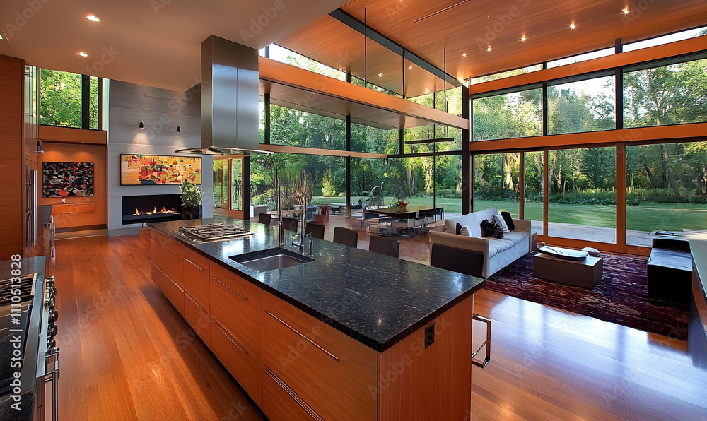 Open-concept kitchen and living area with modern, seamless design Open-concept kitchen and living area with modern, seamless design