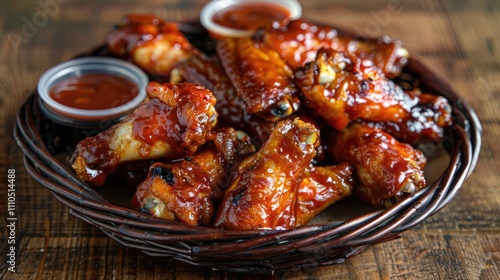 A beautifully crafted appetizer or snack, featuring mouthwatering chicken wings, loaded with the flavors of BBQ sauce and a hint of smokiness, beautifully presented on a woven basket