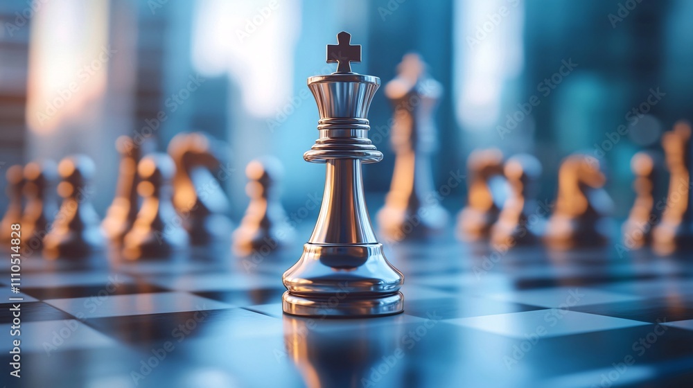 Silver king chess piece standing on chessboard with cityscape background Silver king chess piece standing on chessboard with cityscape background