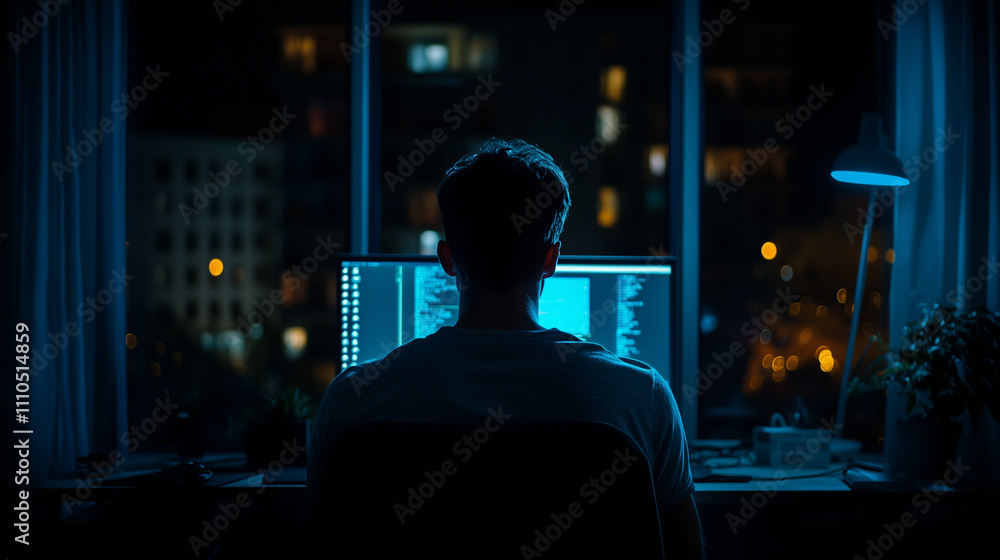 Silhouette of Person at Computer in Dark Room with Blue Lighting Silhouette of Person at Computer in Dark Room with Blue Lighting