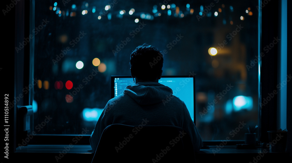 Silhouette of Person at Computer in Dark Room with Blue Lighting Silhouette of Person at Computer in Dark Room with Blue Lighting