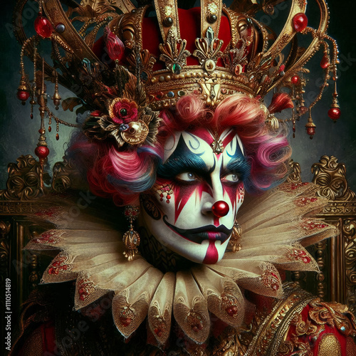 Perfect male carnival mask, makeup, golden age, medium angle, shot, standing pose, determined look, cinematic style, dramatic lighting. Perfect Clown. Themed parties. photo