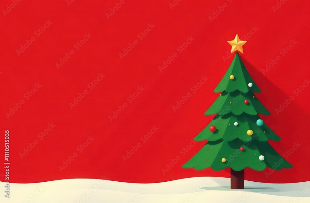 Festive Christmas tree against red background and snow, minimalistic cartoon illustration with copy space. New Year celebration. Super Saturday poster, greeting card Festive Christmas tree against red background and snow, minimalistic cartoon illustration with copy space. New Year celebration. Super Saturday poster, greeting card