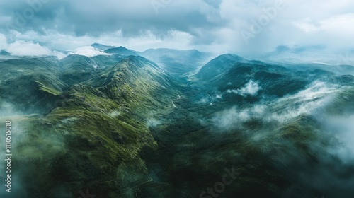 Wallpaper Mural A panoramic aerial view of Glencoe and its dramatic mountain ranges, with misty clouds hovering over the valleys, capturing the essence of the Scottish Highlands Torontodigital.ca