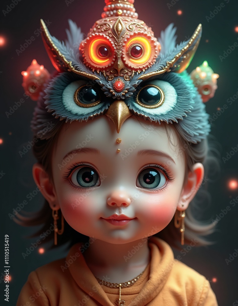 custom made wallpaper toronto digitala baby girl with very cute smooth facial features with an owl on her face and a pair of well-shaped human eyes right on top, Buddhist symbols icons, red blue green yellow purple pink colors, lights an