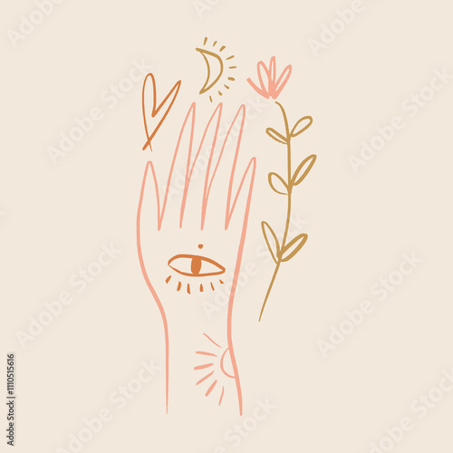 Moon magic hand Reiki practice crescent, hand palm silhouette and floral flower branch drawing, self love and care minimalist art, boho zen icon of harmony or holistic logo healing herbal meditation