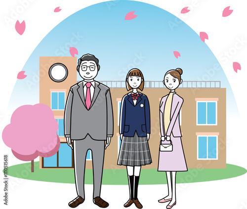学校の前の女子学生と両親