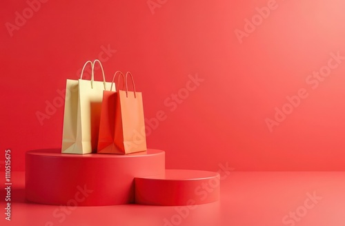 shopping bags stacked neatly on podium on red background, Super Saturday poster with copy space. sales advertising, holidays promotion. Christmas and New Year discount, marketing campaign flyer photo