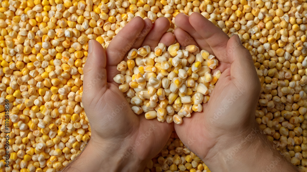 Human caucasian hands with maize corns over corn background Human caucasian hands with maize corns over corn background