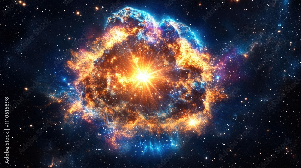 Obraz premium A stunning supernova explosion in a distant galaxy, emitting radiant colors of gold, orange, and blue amidst the dark cosmos, with countless stars scattered in the background