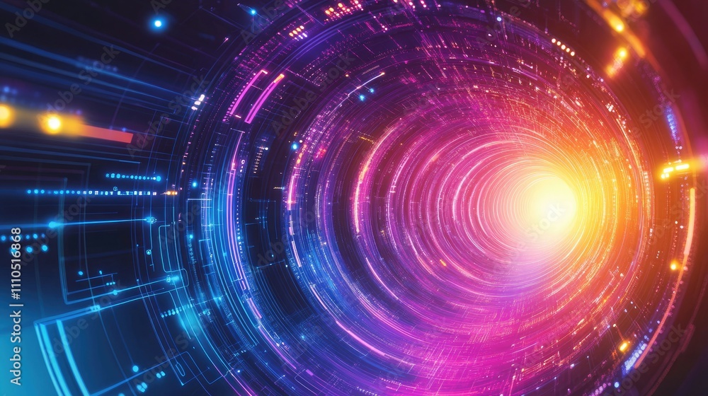 Fototapeta premium An abstract geometric digital tunnel glowing with vibrant neon colors and circuits.
