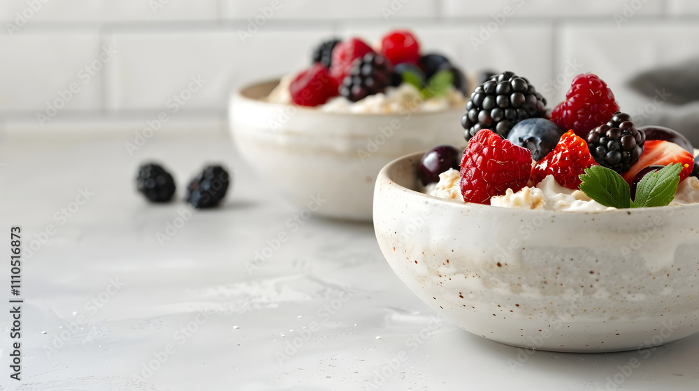oatmeal with berries. in a bright modern kitchen oatmeal with berries. in a bright modern kitchen