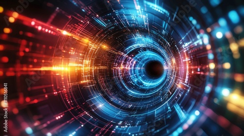 Wallpaper Mural An abstract geometric digital tunnel glowing with vibrant neon colors and circuits. Torontodigital.ca