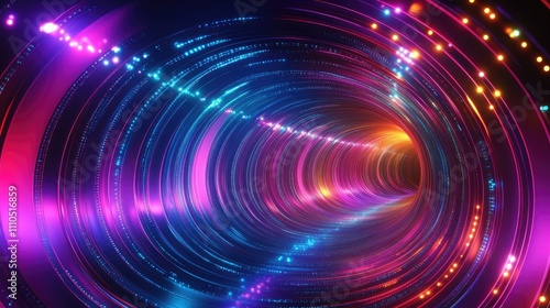 An abstract geometric digital tunnel glowing with vibrant neon colors and circuits.