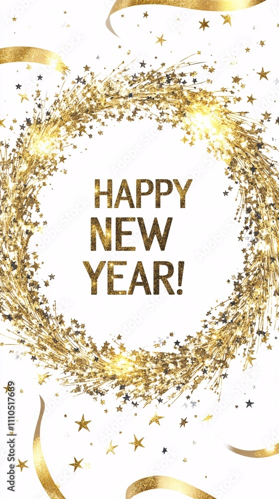 A golden wreath of sparkling glitter and twinkling stars, with the words A golden wreath of sparkling glitter and twinkling stars, with the words