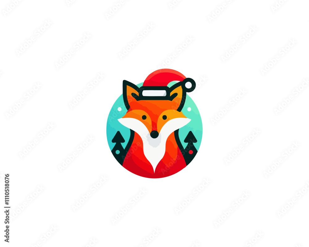 Fototapeta premium Christmas Fox vector logo design icon illustration. Santa claus cap, Christmas hat fox logo.