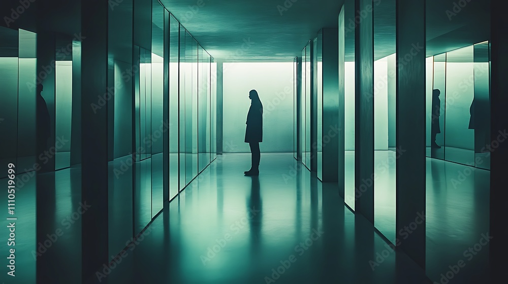 Fototapeta premium Solitary figure in a mirrored hallway, bathed in an eerie teal light.