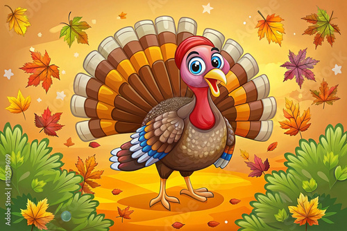 Here's a description and keywords for your image.. Cheerful cartoon turkey amidst autumn leaves. photo