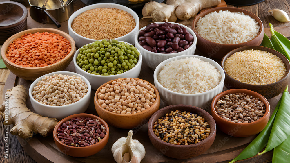 A variety of grains, legumes, and spices arranged in bowls on a wooden surface. Includes rice, lentils, beans, and spices, surrounded by fresh ginger and garlic. A variety of grains, legumes, and spices arranged in bowls on a wooden surface. Includes rice, lentils, beans, and spices, surrounded by fresh ginger and garlic.