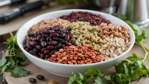 A variety of colorful dried beans and legumes displayed in a white bowl, surrounded by fresh cilantro. The beans include black, red, brown, green, and white varieties.