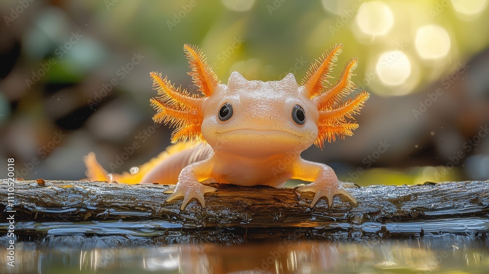 Vibrant Orange Axolotl on a Sunlit Log by Water's Edge Vibrant Orange Axolotl on a Sunlit Log by Water's Edge