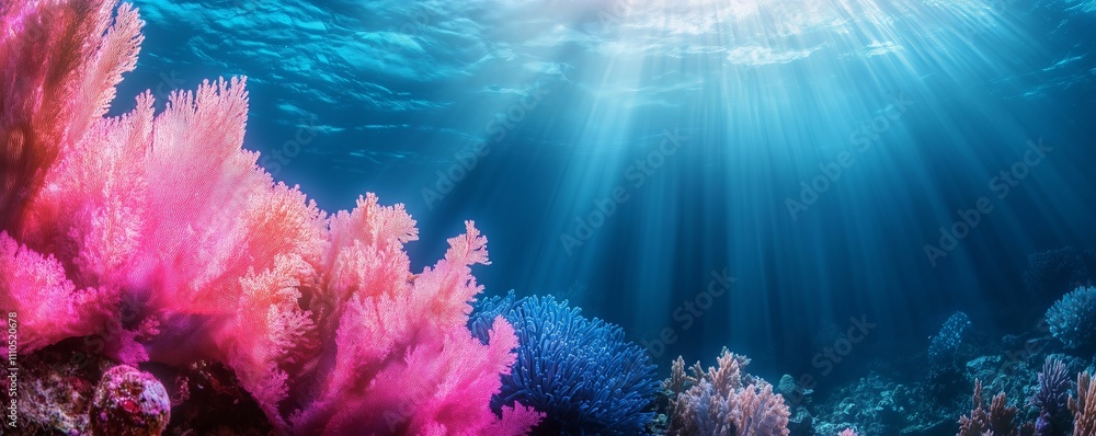 Naklejka premium Lush pink coral reef showcasing intricate textures and vivid colors in an aquatic setting.