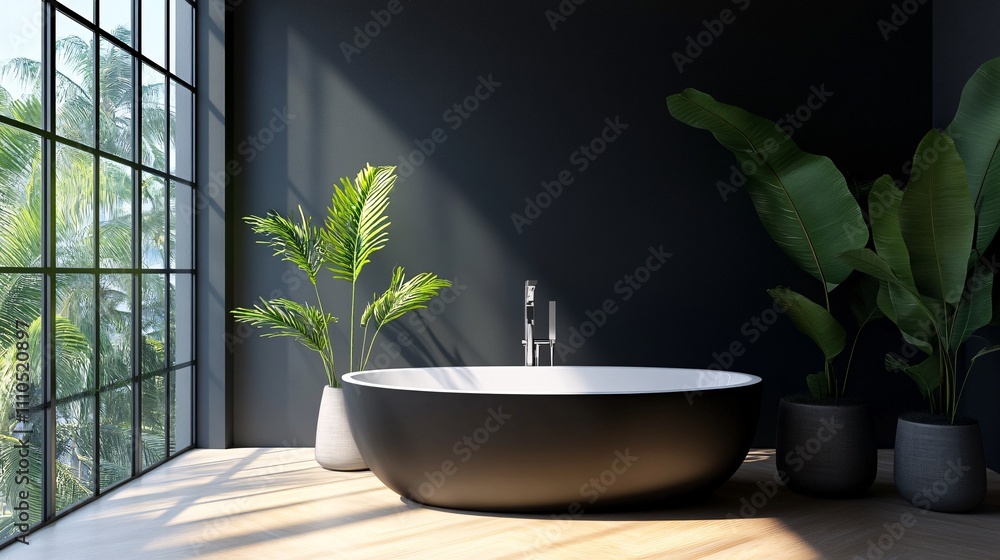 Modern minimalist black bathroom with tropical plants and large window Modern minimalist black bathroom with tropical plants and large window