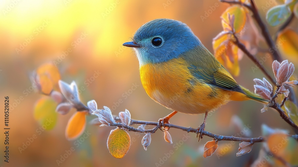 Vibrant Bird Perched on Frosty Branch in Autumn Glow Vibrant Bird Perched on Frosty Branch in Autumn Glow
