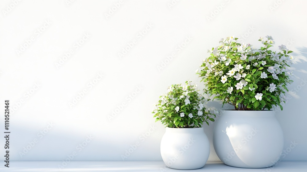 beautiful flowers in white plant pots on white wall background beautiful flowers in white plant pots on white wall background