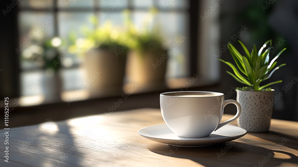Morning coffee cup sitting on table by window with plant Morning coffee cup sitting on table by window with plant