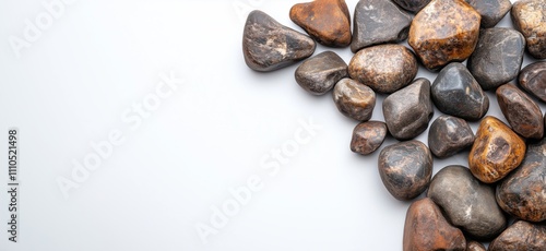 Smooth river stones arranged aesthetically, various colors and sizes, natural texture, white background, copy space for text