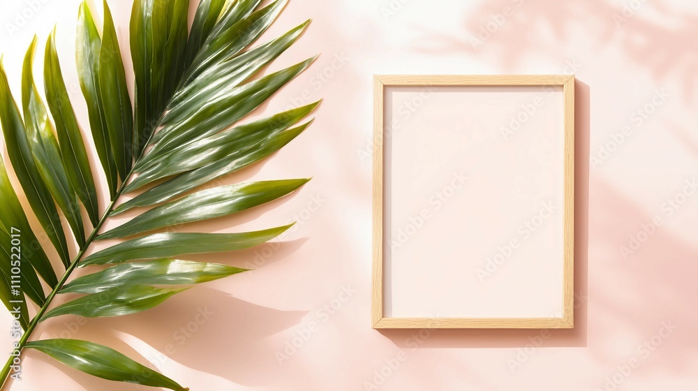 Elegant Palm Leaf with Blank Frame on Soft Pink Background Elegant Palm Leaf with Blank Frame on Soft Pink Background