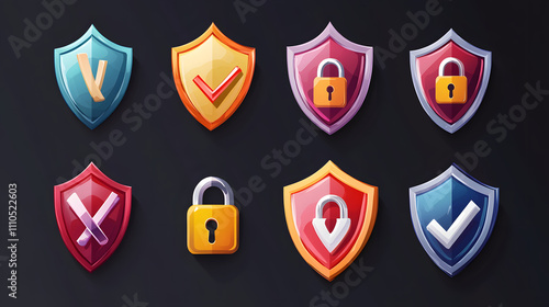 Security shield sign vector illustration, Lock security icon, Set of security shield icons, securityshields symbols with check mark and padlock, Shield security icon, Safety, protection sign