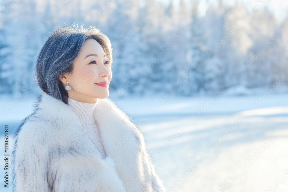 Elegant Woman in Luxurious White Fur Coat Outdoors in Winter Wonderland, Fur Fashion Concept Elegant Woman in Luxurious White Fur Coat Outdoors in Winter Wonderland, Fur Fashion Concept
