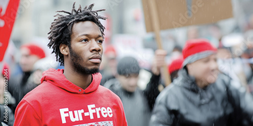 Protest, determined young man in red shirt standing for animal rights in crowd holding signs, activism concept