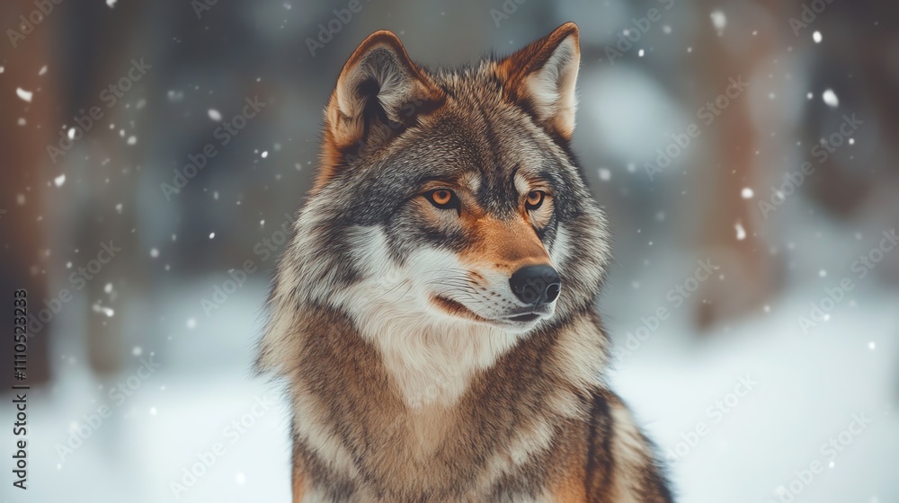 Fototapeta premium A wolf stands in a snowy forest and looks intently at the camera.