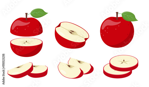 Fresh red apple fruits. Whole and cut apples, pieces and slices. Organic fruits for juice, smoothie or vitamin C healthy food. Vector icon illustration isolated on white background.