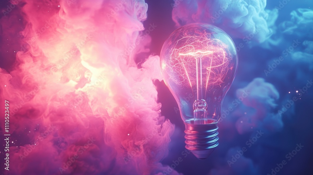 Glowing lightbulb with rainbow explosion and abstract energy waves Glowing lightbulb with rainbow explosion and abstract energy waves