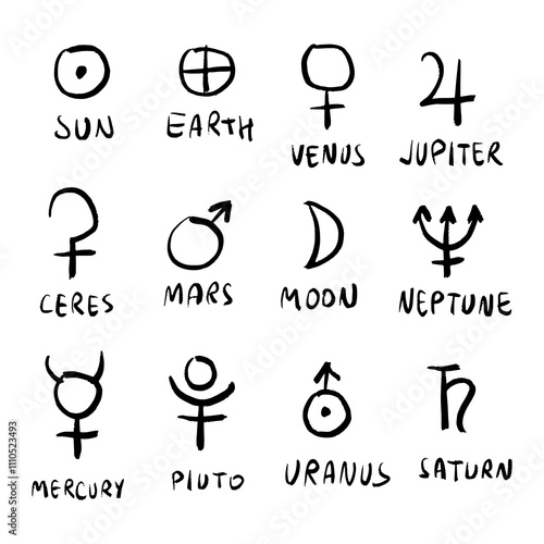 Space doodle astrology black planets pictograms. Hand-drawn set bundle doodle stellar characters. Moon, Sun, Neptune, Saturn and more pictogram symbols planets. Comic cartoon astronomy concept. Hand