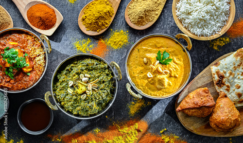 Composition with Indian dishes: madras paneer, palak paneer and shahi paneer with basmati rice served in original indian karahi pots photo