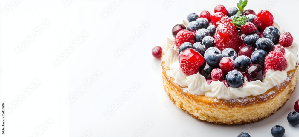 Berry cheesecake topped with fresh fruits, creamy frosting, vibrant colors, perfect dessert for celebrations, garnished with mint leaves, copy space for text Berry cheesecake topped with fresh fruits, creamy frosting, vibrant colors, perfect dessert for celebrations, garnished with mint leaves, copy space for text