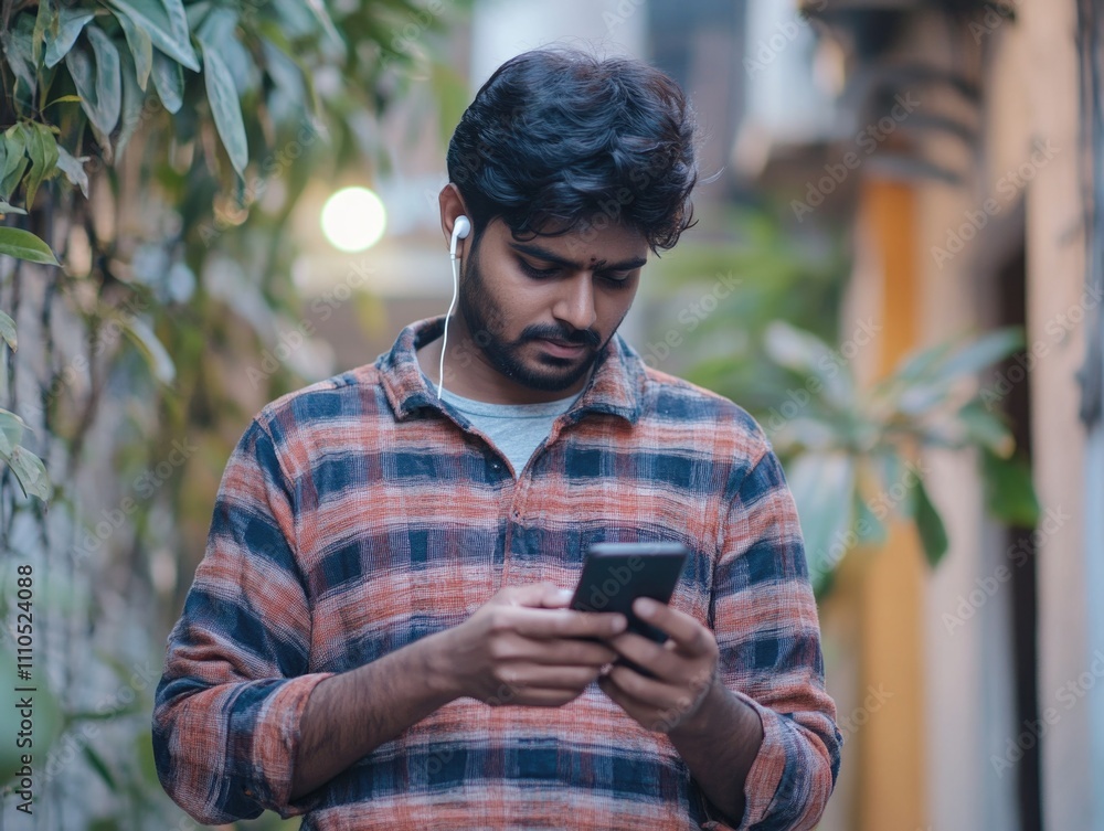 Fototapeta premium Young Man Engrossed in Cell Phone