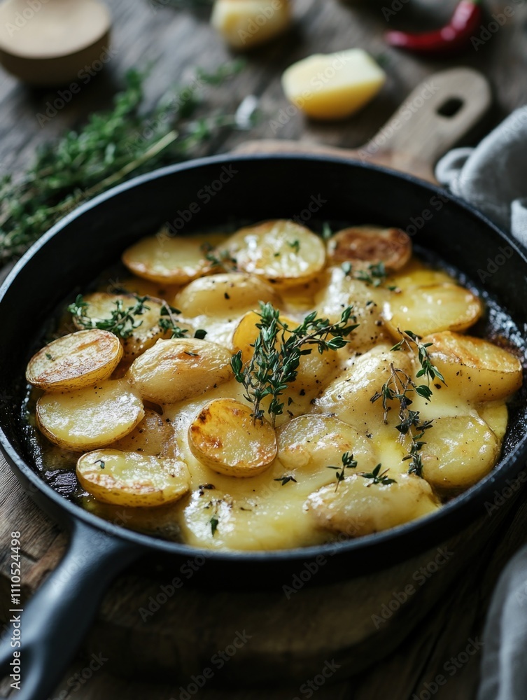 Home-cooked Baked Potatoes with Rosemary in a Cast Iron Skillet Home-cooked Baked Potatoes with Rosemary in a Cast Iron Skillet