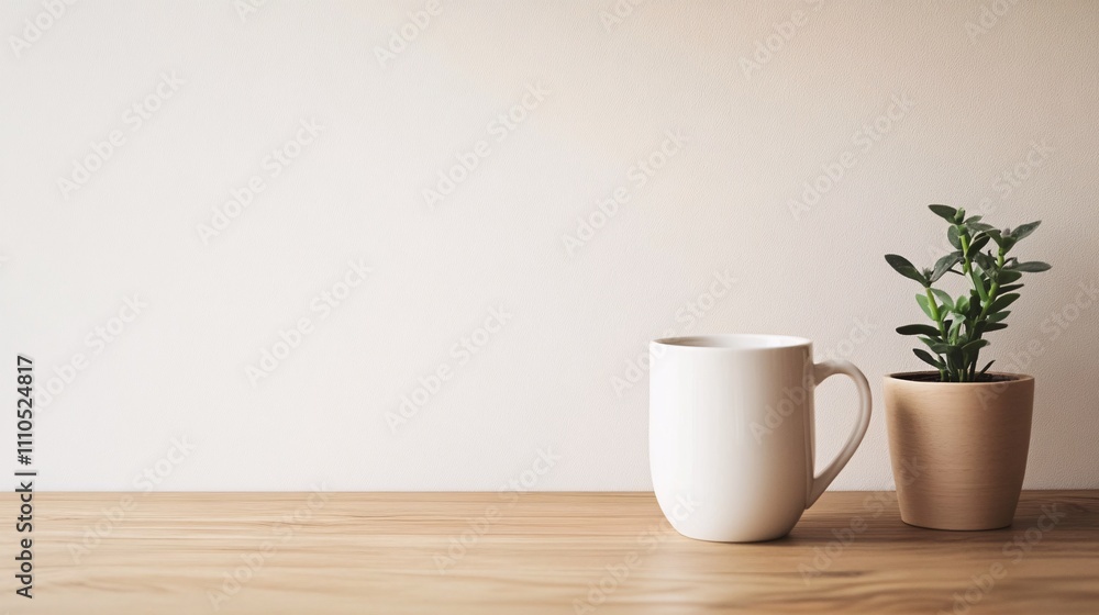 White mug and small potted plant creating cozy atmosphere on wooden table White mug and small potted plant creating cozy atmosphere on wooden table