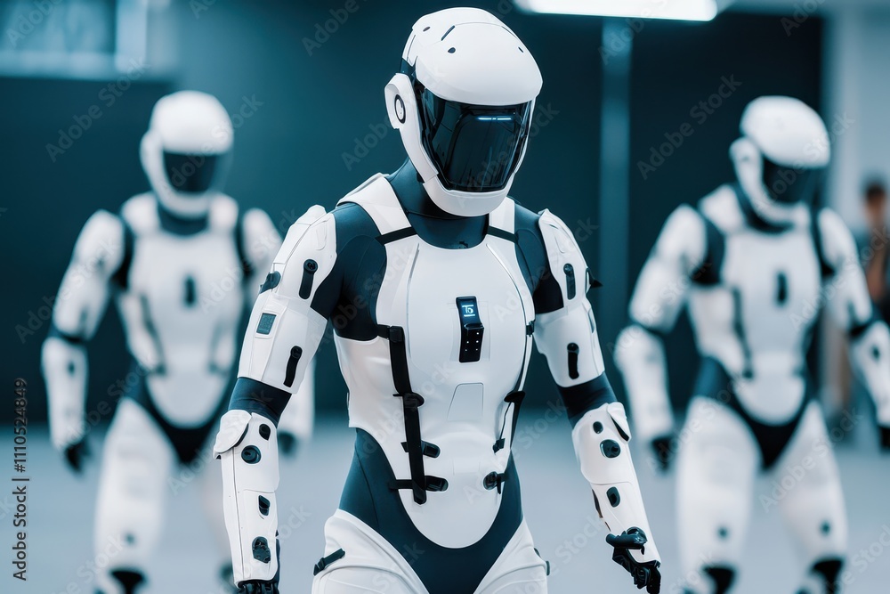 Fototapeta premium Futuristic Humanoid Robots Walking in a High-Tech Environment, Showcasing Advancements in Robotics and Artificial Intelligence Technology for Innovation and Research Purposes