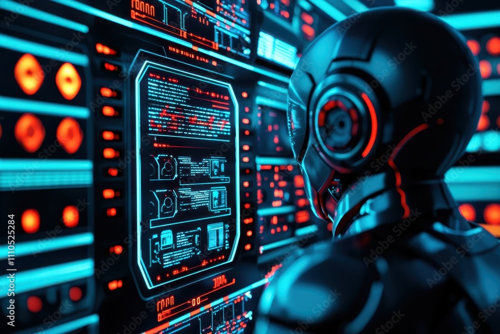 Futuristic Robot Analyzing Data on Advanced Digital Display with Neon Lighting and High-Tech Interfaces in a Science Fiction Environment Futuristic Robot Analyzing Data on Advanced Digital Display with Neon Lighting and High-Tech Interfaces in a Science Fiction Environment